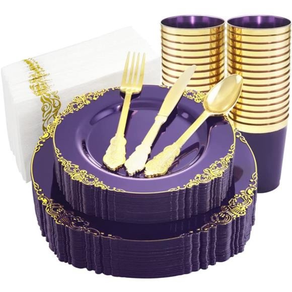 175PCS Clear Purple Plastic Plates - Gold Plastic Plates for 25 Guests - Picture 1 of 6